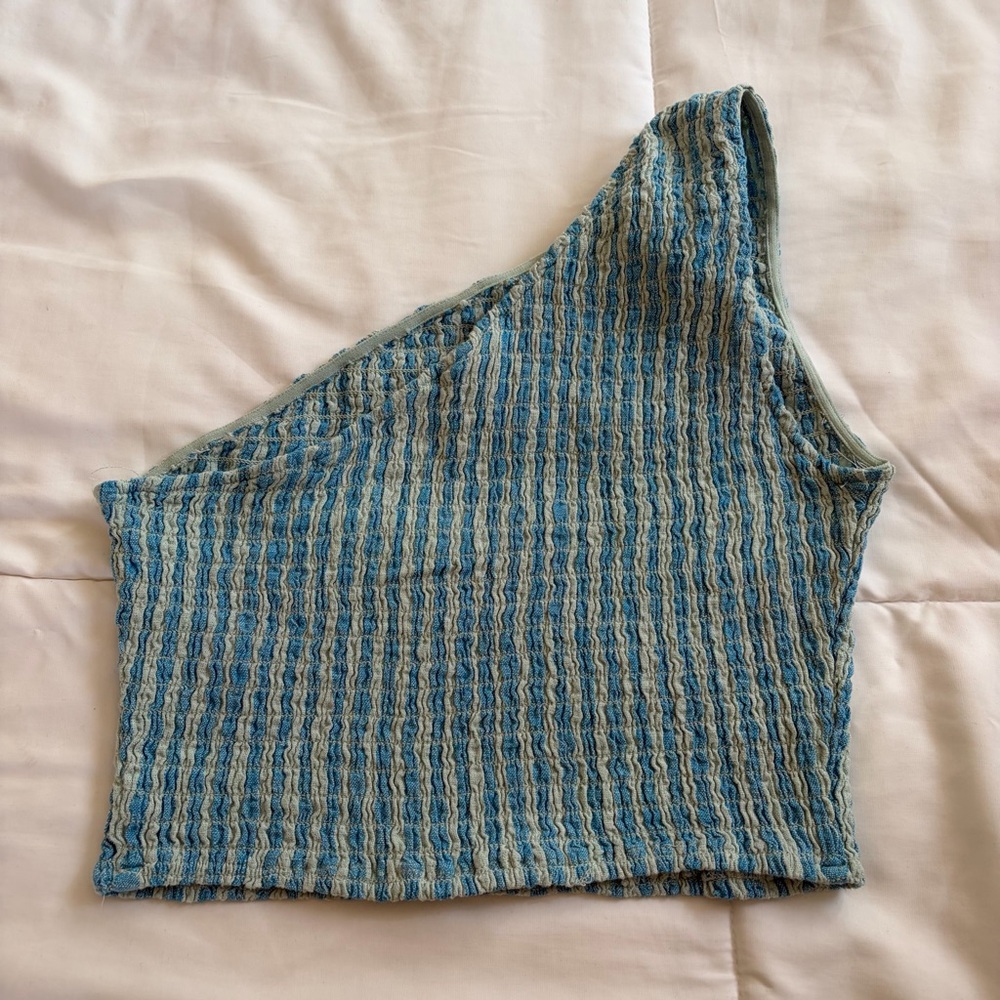 A New Day Smocked One Shoulder Green Blue Stripe Crop Top Size Small - Picture 5 of 5